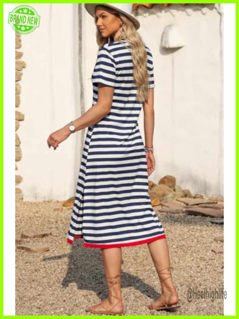 Short Sleeve Maxi Dress Striped Split Vacation Color Block T Shirt Dress - Picture 6 of 7